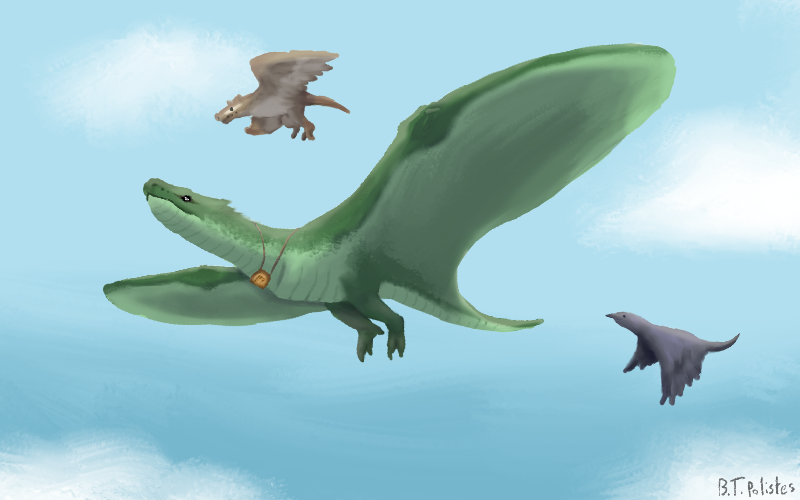 a trio of dragons flying